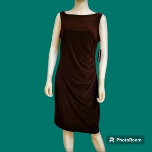 TRUE ENVY Chocolate Brown Ruched Sleeveless Bodycon Below Knee Boatneck Dress
